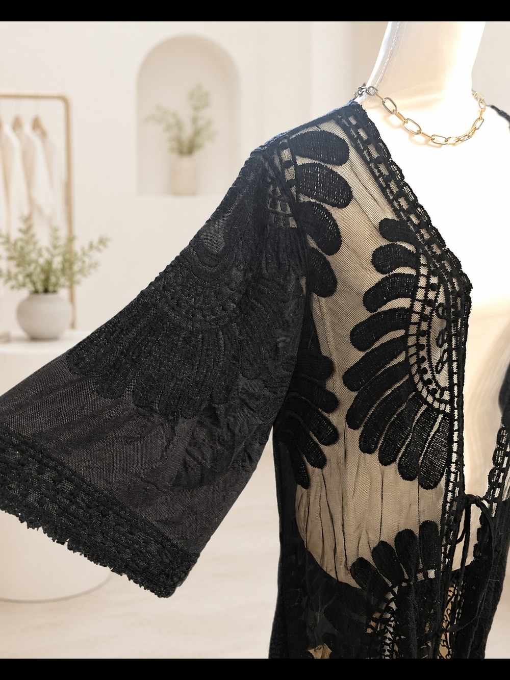 Adiva Black Lace Sheer Crochet Swim Cover-Up Kimono - Picture 5 of 6